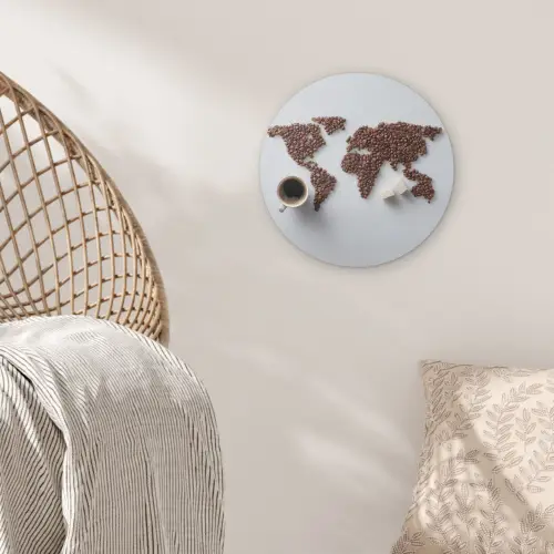 Wereldkaart - Koffiebonen - Suikerklontjes Akoestische PET Vilt - Rond klein -sfeer4