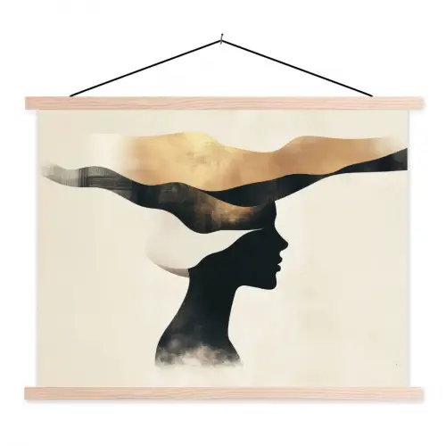 Vrouw - Golven - Zwart textielposter latten blank klein -3d