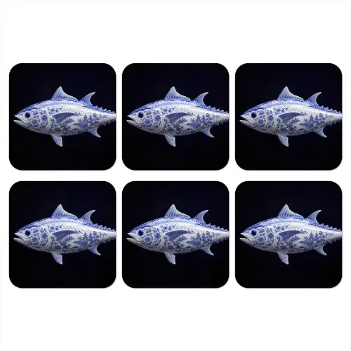 Porselein - Tonijn - Delfts - Blauw onderzetter kurk middel -3d