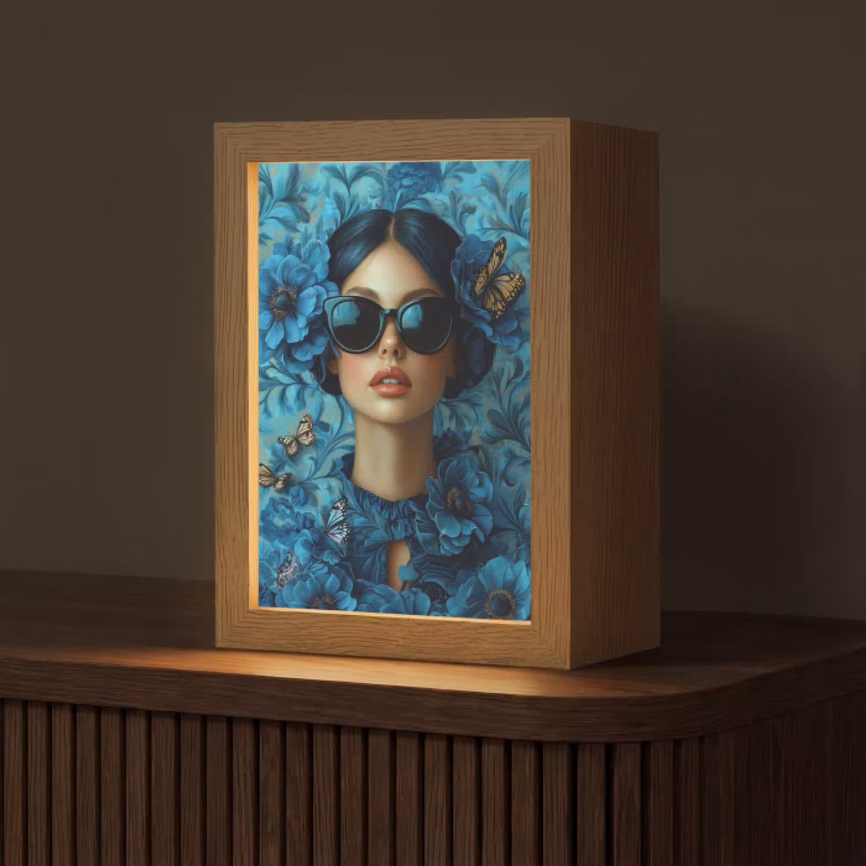 Vrouw - Bloemen - Vlinders - Blauw - Abstract Light Box met kabel (Tafellamp) klein -z3d_website