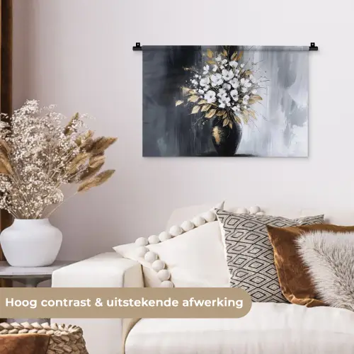 Bloemen - Wit - Vaas - Abstract Wandkleed katoen klein -sfeer1