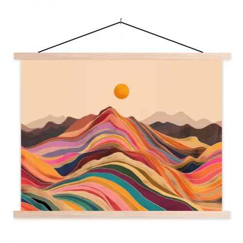 Zon - Kleurrijk landschap - Bergen textielposter latten blank klein -3d