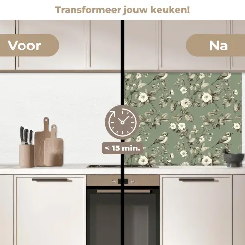 Botanisch - Vogels - Groen keuken achterwand 2 middel 871 -voor-na2_NL