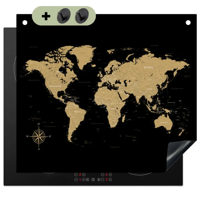 Inductiebeschermer & spatscherm (2in1) - Wereldkaart - Beige - Zwart