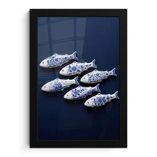 Vissen - Delfts - Blauw - Keramiek fotolijst zwart zonder passe partout klein -3d