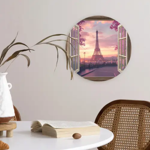 Doorkijk - Parijs - Eiffeltoren - Roze - Kersenbloesem Wandcirkel plexiglas klein -sfeer4