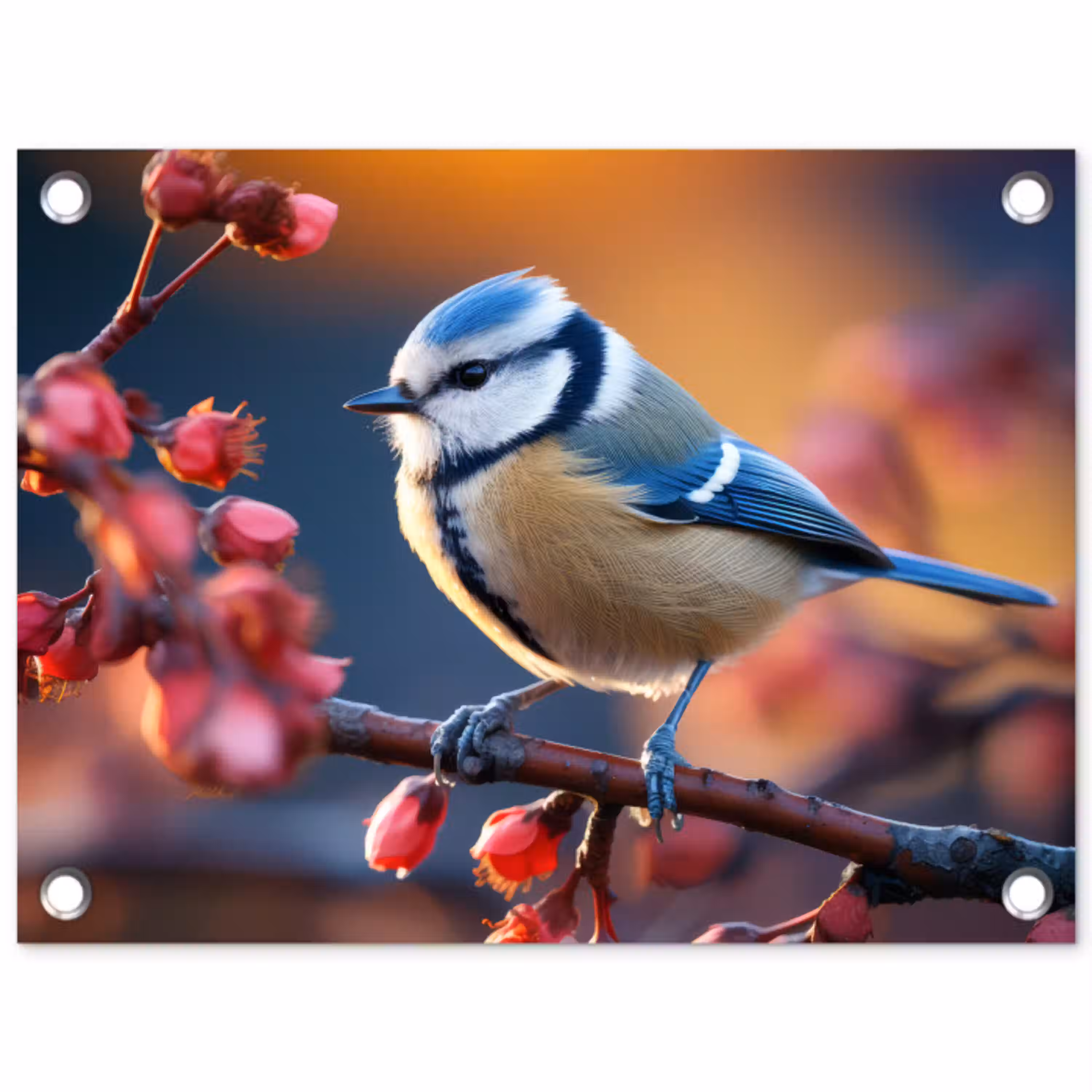 Pimpelmees bij Bloesems tuinposter los doek klein -3d