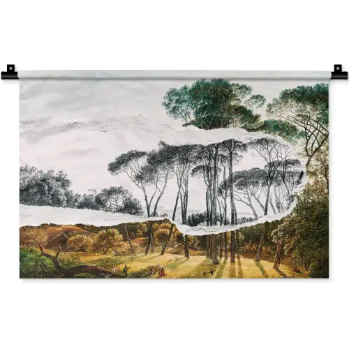Italiaans landschap parasoldennen - Kunst - Hendrik Voogd - Schilderij - Zwart wit - Oude meesters Wandkleed katoen klein -zz3d