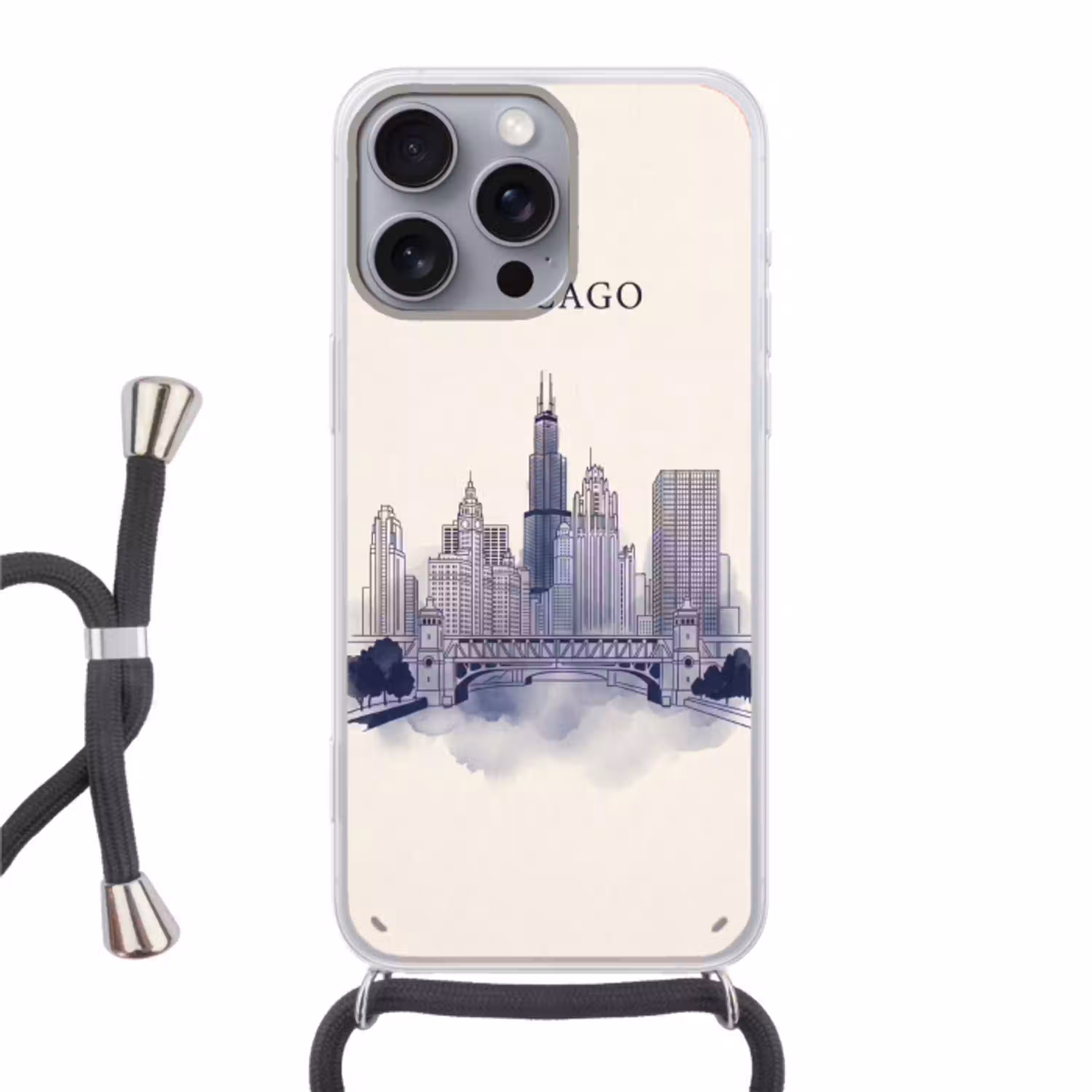 Stad - Skyline - Architectuur - Lijntekening - Blauw Hoesje iPhone 16 Pro Max met koord klein -3d