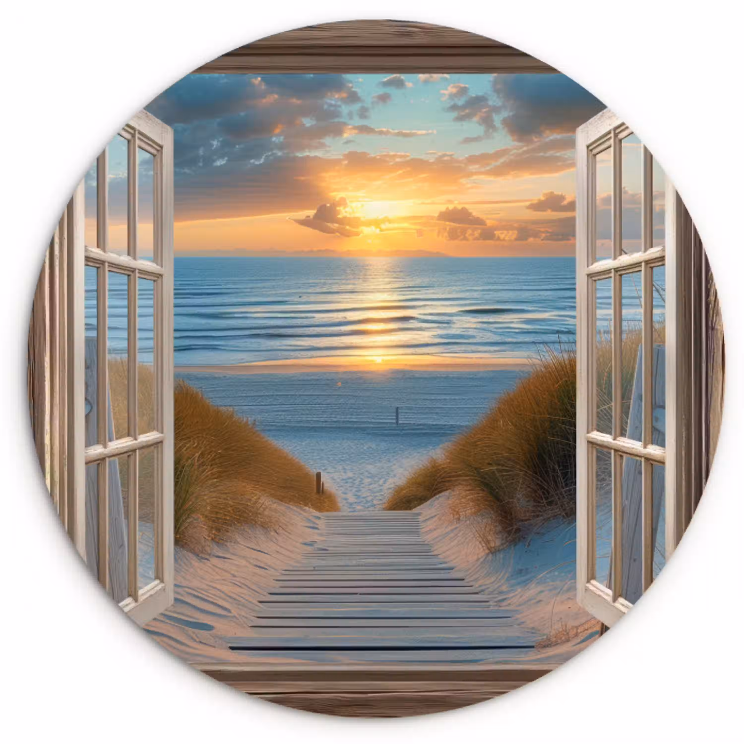 Doorkijk - Strand - Pad - Zonsondergang Wandcirkel kunststof plaat 5mm dik klein -3d