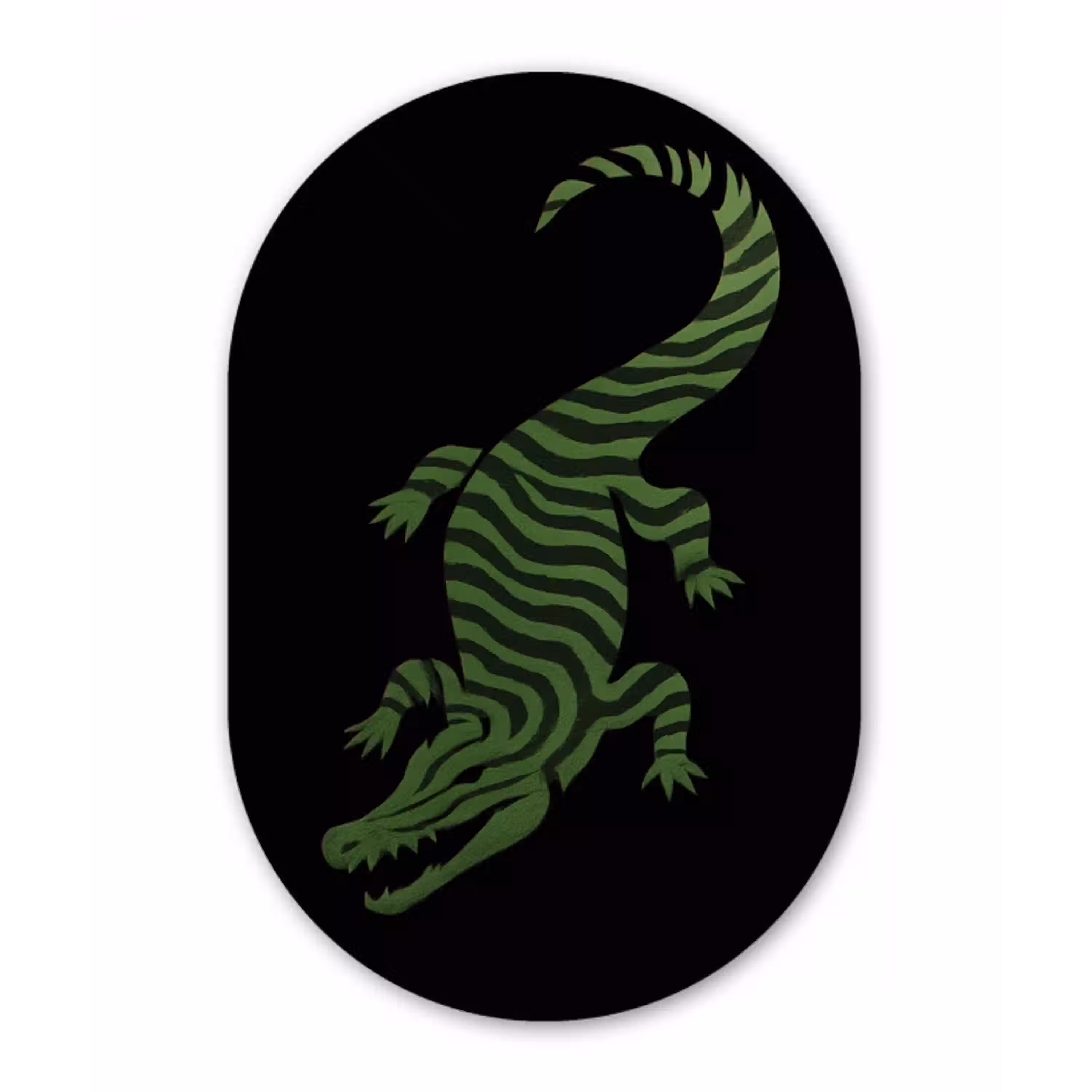 Krokodil - Groen - Tijgerachtig - Strepen Wandcirkel Ovaal Aluminium middel -3d