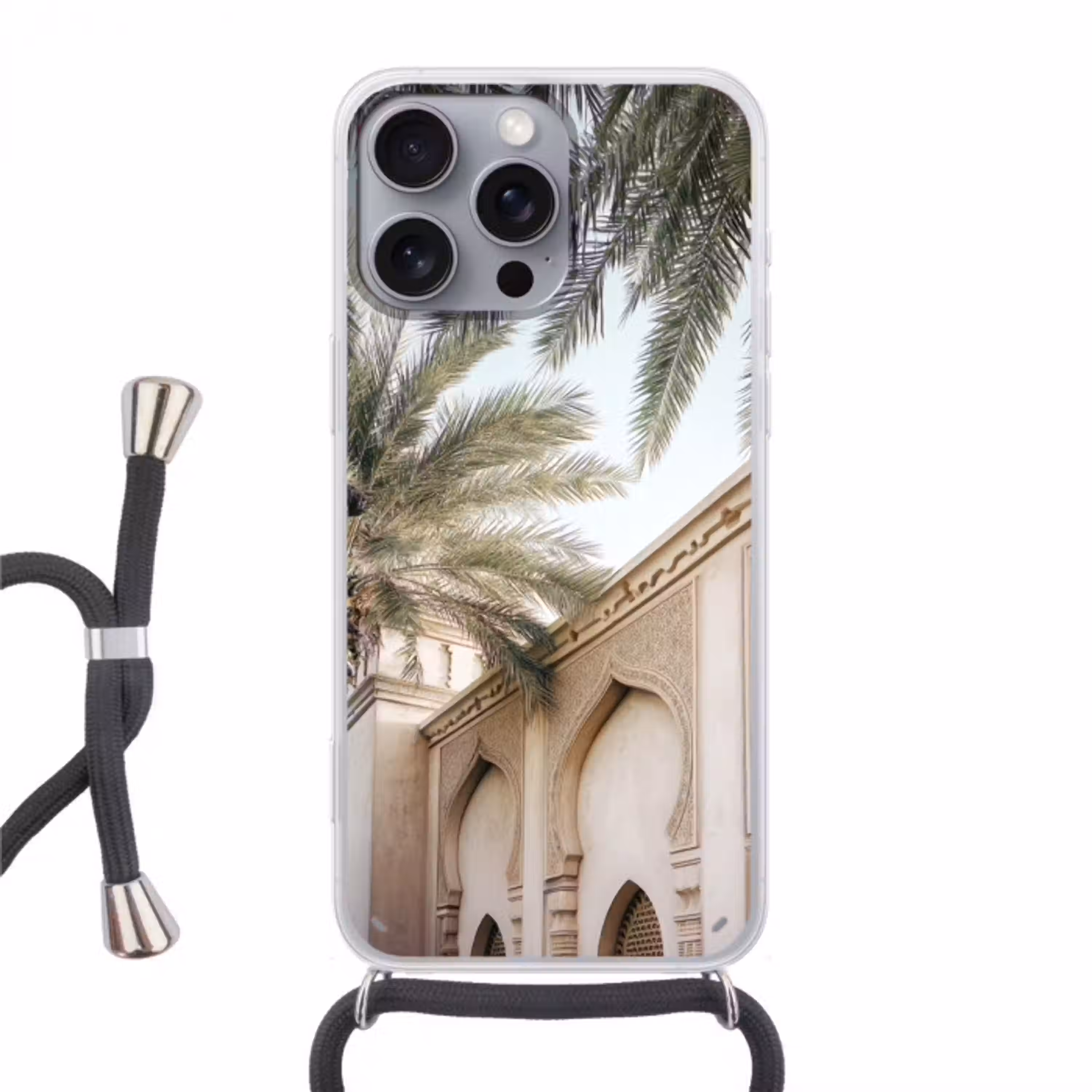 Gebouw - Palmbomen - Beige - Zon Hoesje iPhone 16 Pro Max met koord klein -3d