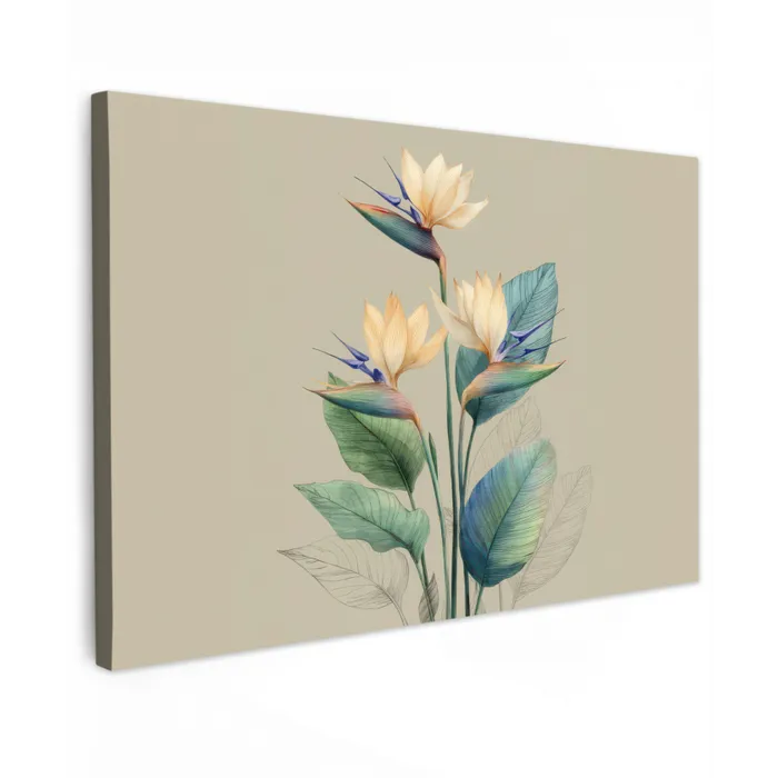 Paradijsvogelbloemen - Blauwgroene bladeren - Beige canvas 2cm klein -z3d