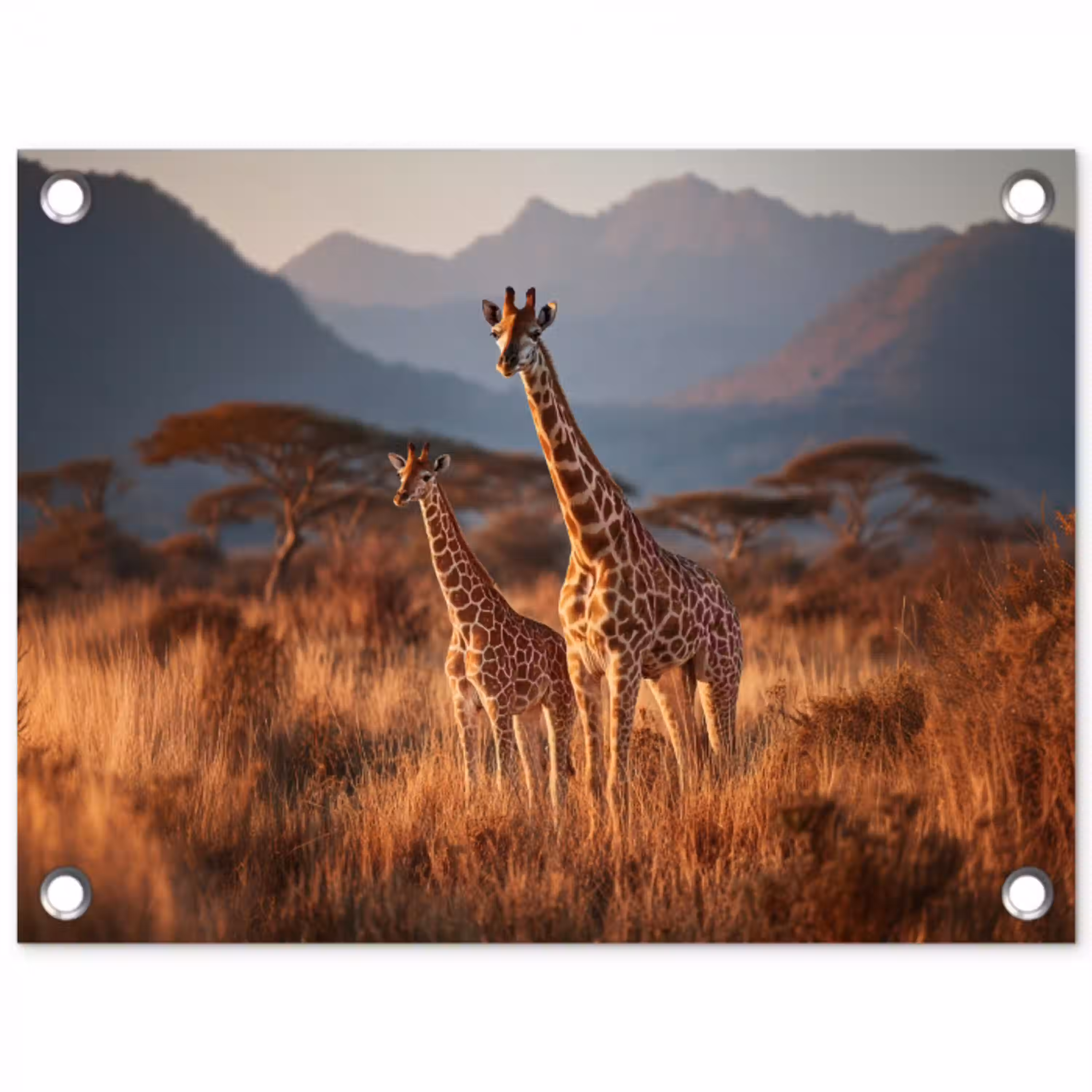 Giraffen - Hoog gras - Acaciabomen tuinposter los doek klein -3d