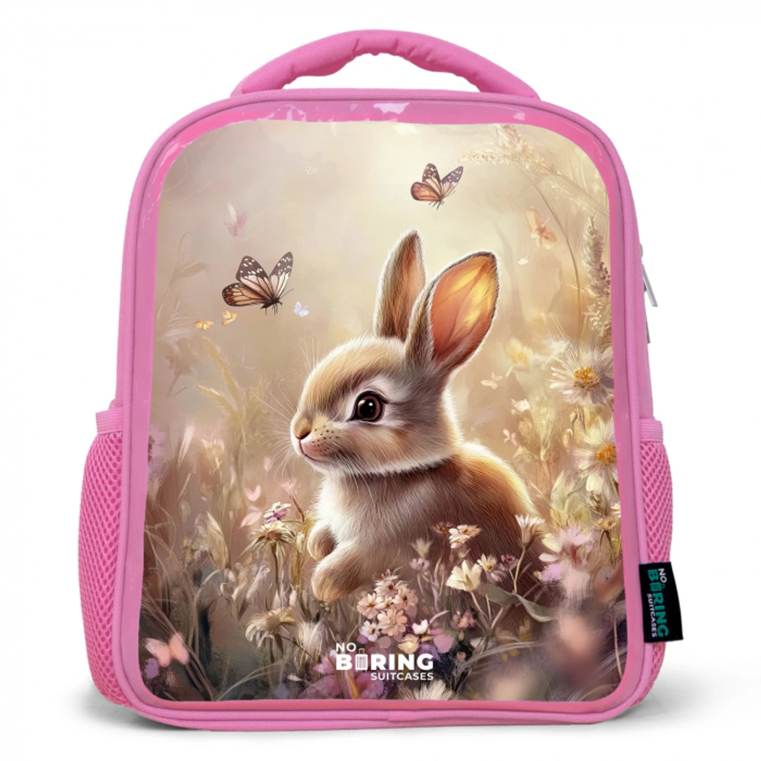 Bloemen - Bruin - Konijntje - Vlinder Kinderrugzak - Roze middel -3d