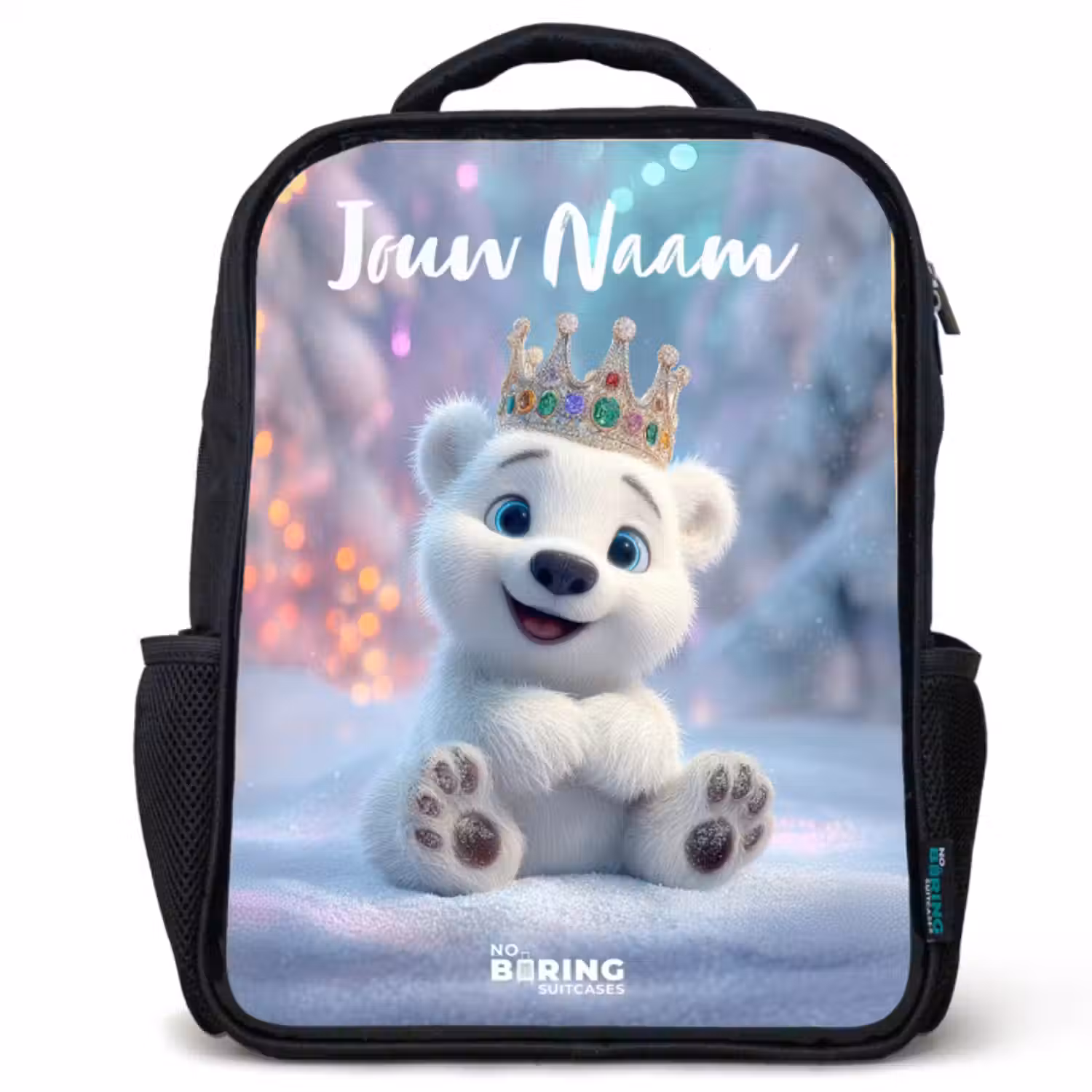 Kinderrugzak met naam - Zwart - Ijsbeer - Kroon - Winter