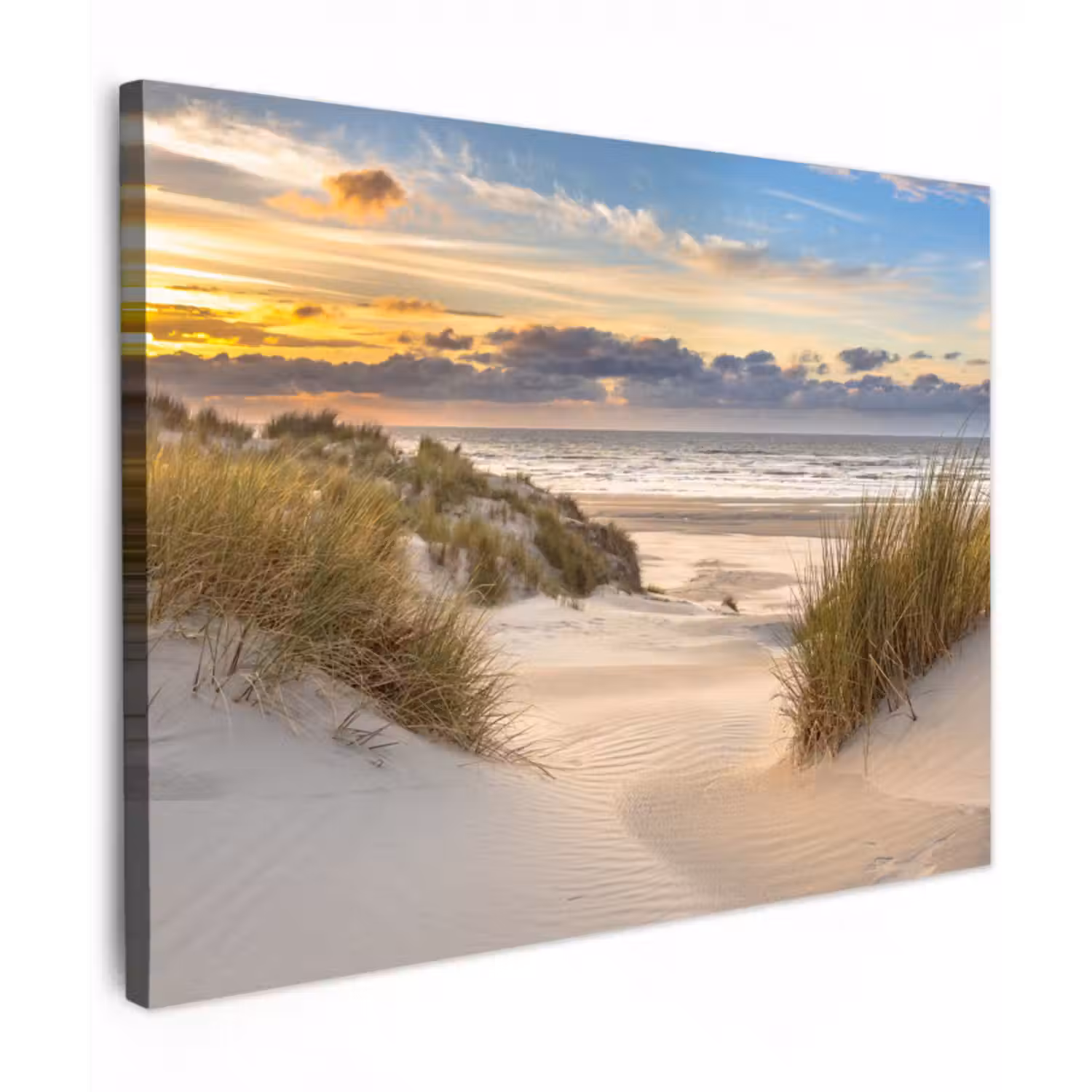 Leinwandbild - Strand - Düne - Gras - Sonnenuntergang - Meer