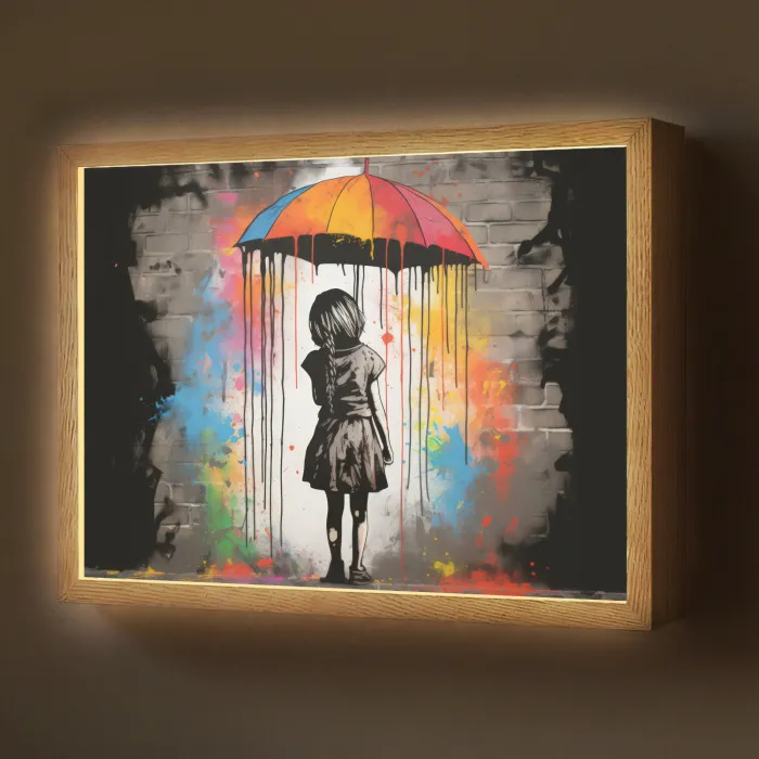 Meisje - Kunst - Paraplu - Graffiti - Kleuren - Muur Light Box met batterij (Wandlamp) middel -z3d_website