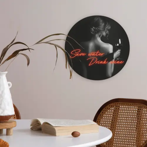 Wijn - Vrouw - Neon - Quote Akoestische PET Vilt - Rond klein -sfeer3