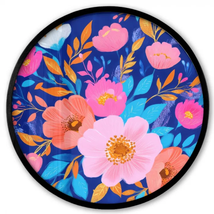 Bloemen - Blauw - Roze Fotolijst rond zonder passe partout klein -3d