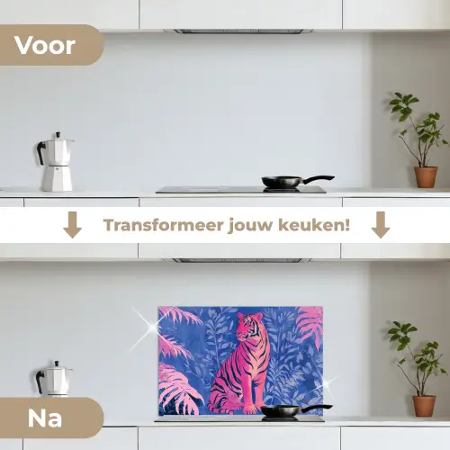 Tijger - Roze - Bladeren - Jungle keuken achterwand spatscherm klein -voor_na_NL