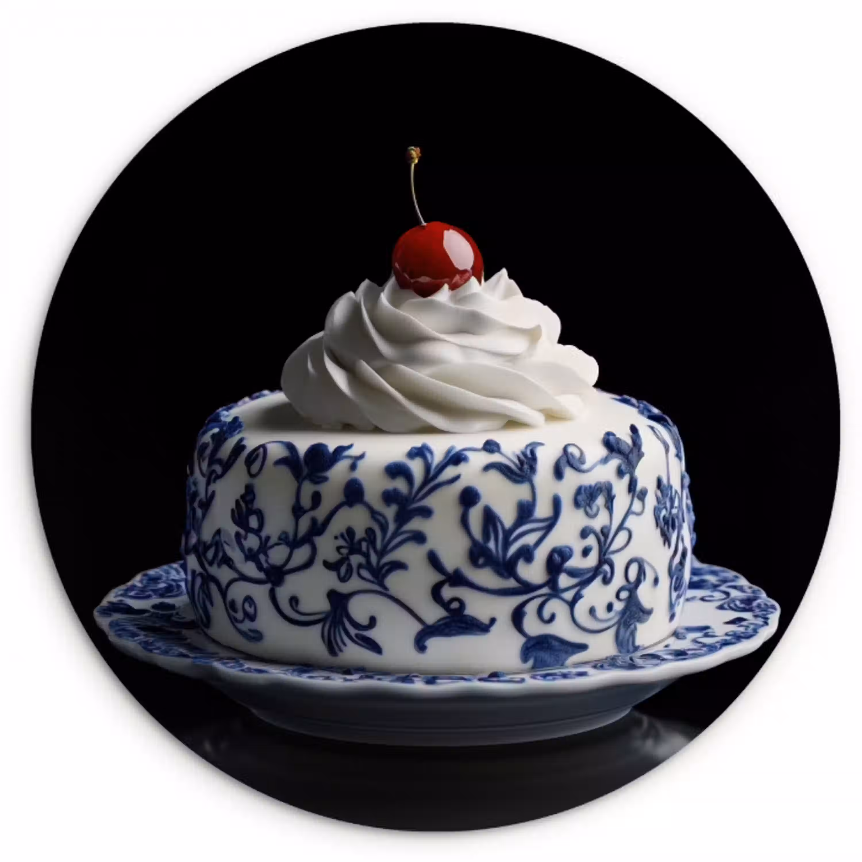 Taart - Slagroom - Kers - Bord - Delfts blauw KitchenYeah - Keuken - Wandcirkel Forex klein -3d