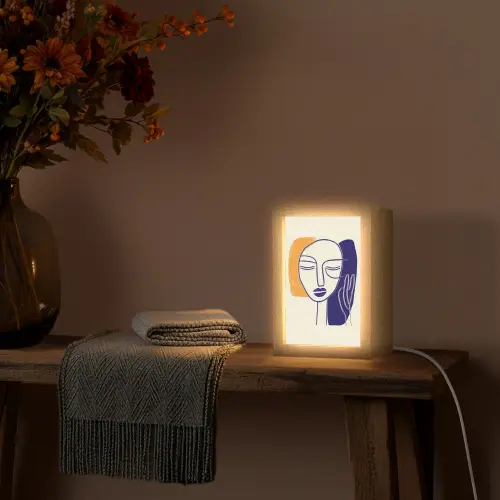 Minimalistisch - Gezicht - Hand - Oranje - Blauw Light Box met kabel (Tafellamp) klein -sfeer4