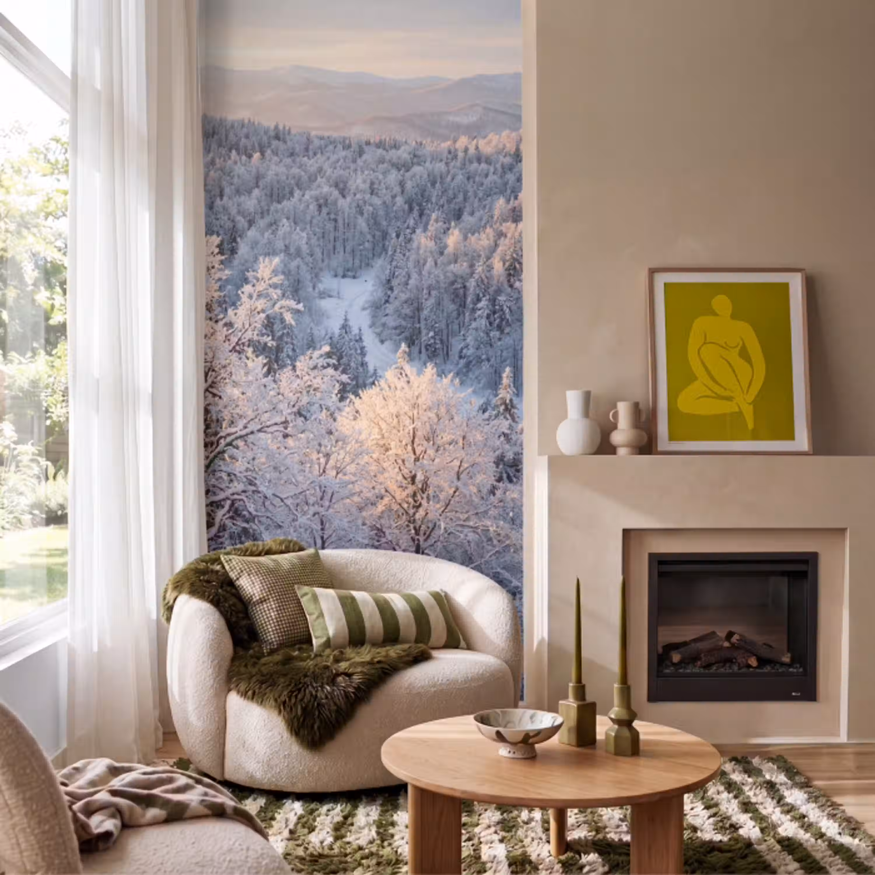 Bos - Bergen - Goud - Winter - Warm Behang Vlies klein -sfeer2