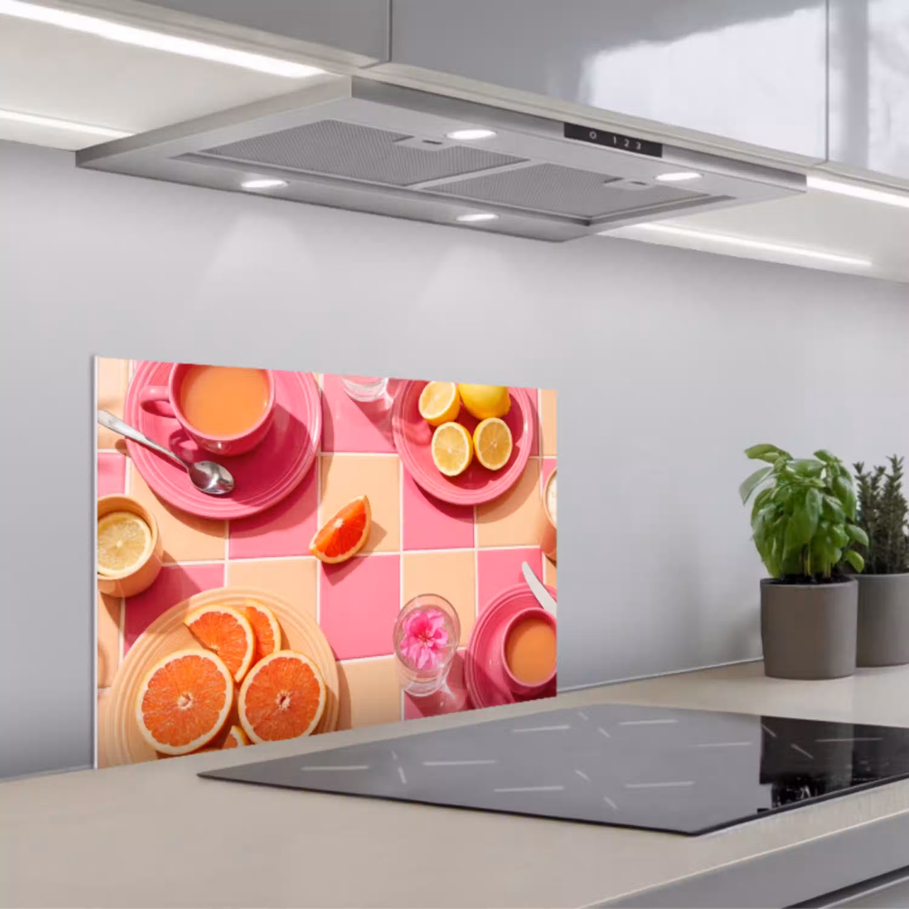 Eten - Citrusvruchten - Stillevens - Roze - Oranje keuken achterwand spatscherm klein -3d_schuin