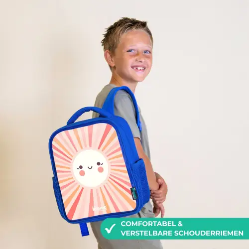 Ronde zon met gezicht Kinderrugzak - Blauw middel -sfeer3_NL