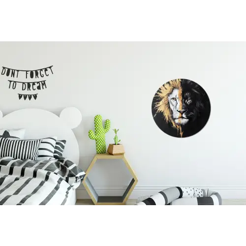 Leeuw - Gesplitst - Zwart - Lijn Wandcirkel aluminium klein -kinderkamer