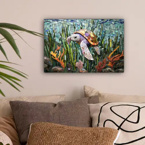 Schildpad - Zeewier - Mozaïek canvas 2cm klein -sfeer1