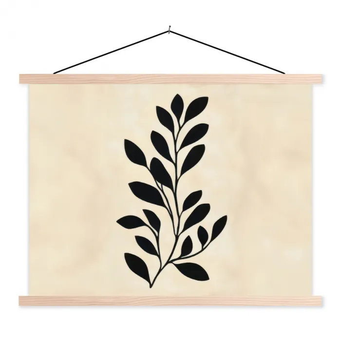 Minimalistisch - Tak - Bladeren - Zwart textielposter latten blank klein -3d