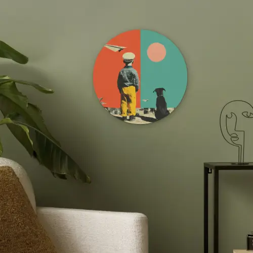 Retro - Jongen - Hond - Rood - Groen Akoestische PET Vilt - Rond klein -sfeer2