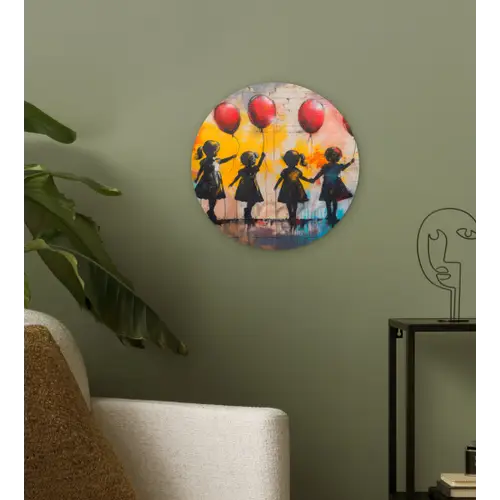 Graffiti - Kinderen - Street art - Ballon - Banksy Wandcirkel kunststof plaat 5mm dik klein -sfeer3