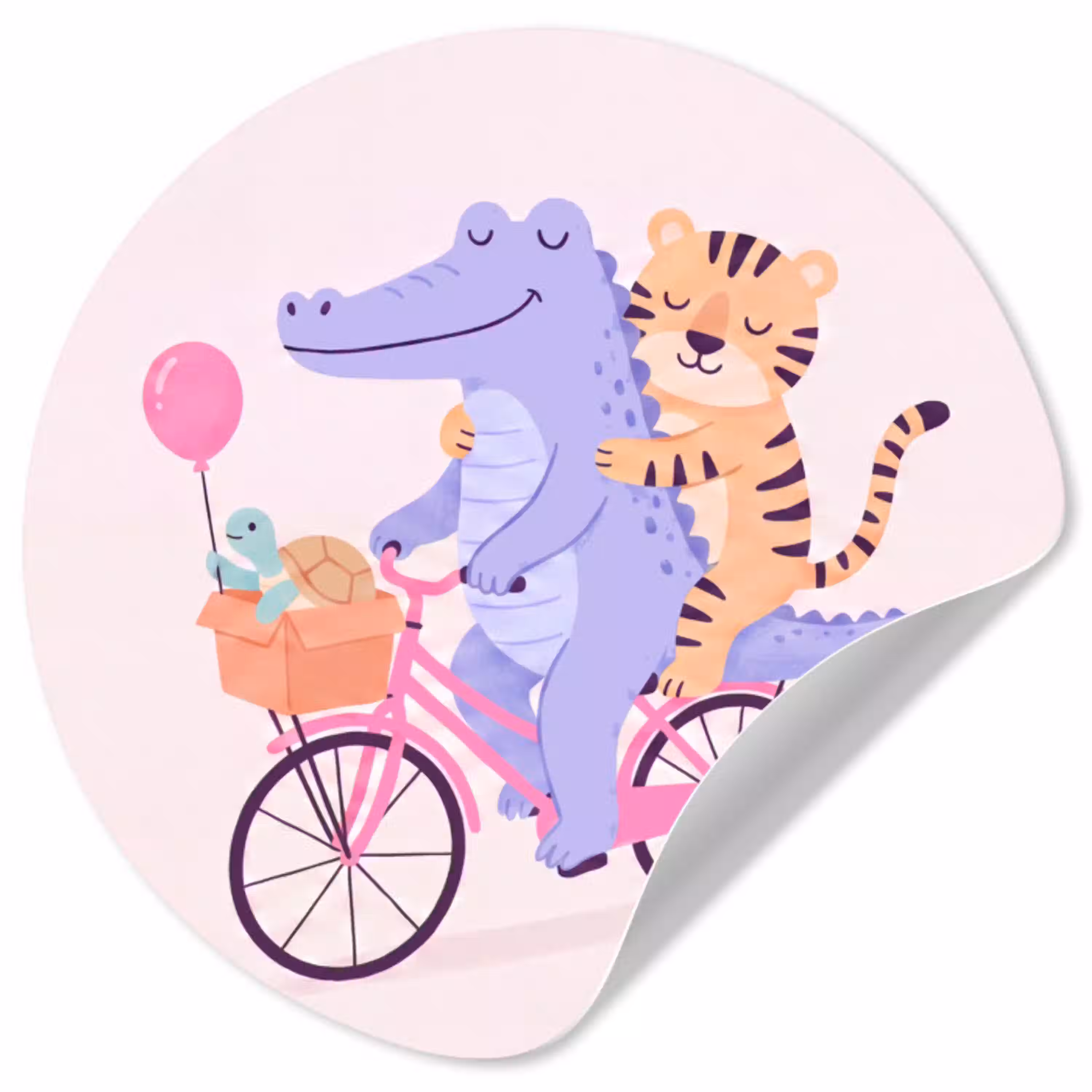 Dieren - Fiets - Vriendschap - Illustratie - Roze Wandcirkel behangsticker klein -3d
