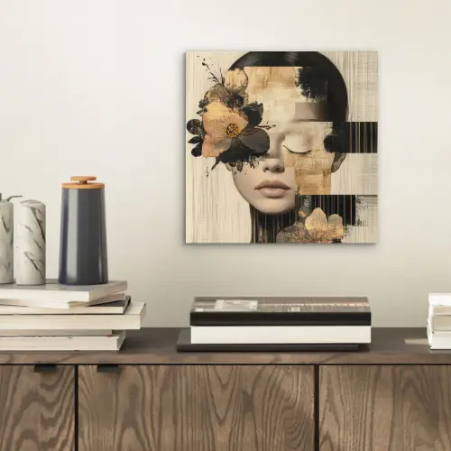 Gezicht - Bloemen - Zwart - Vrouw aluminium wit klein -sfeer1