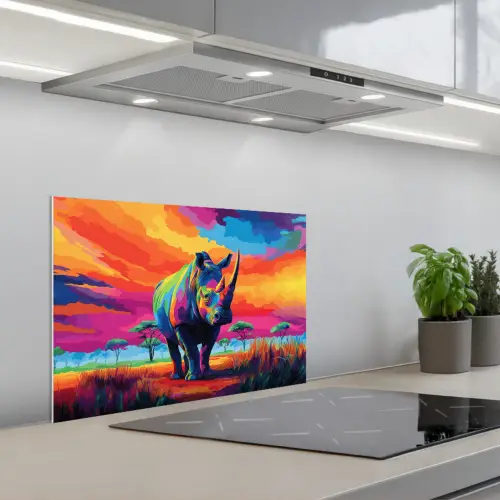 Neushoorn - Zonsondergang - Savanna - Kleurrijk keuken achterwand spatscherm klein -3d_schuin