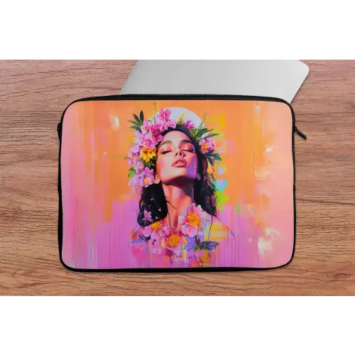 Portret - Bloemenkroon - Vrouw laptophoes neopreen klein -tafel