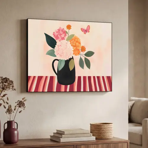 Vaas - Bloemen - Vlinder - Rood Textielframe zwart klein -sfeer3