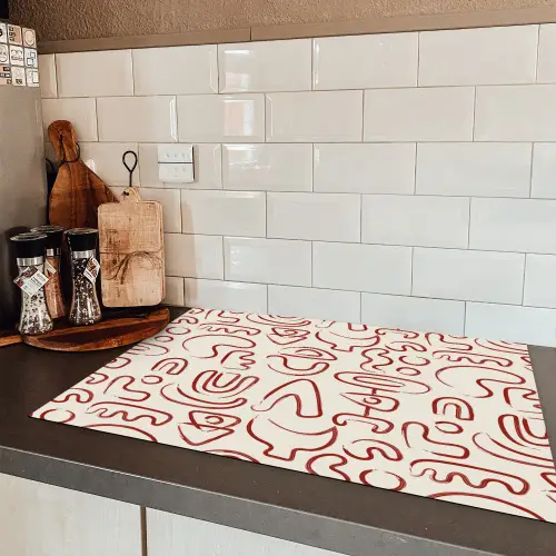 Beige - Vormen - Rood - Patroon Inductie beschermer vinyl 3mm klein 276 -sfeer3