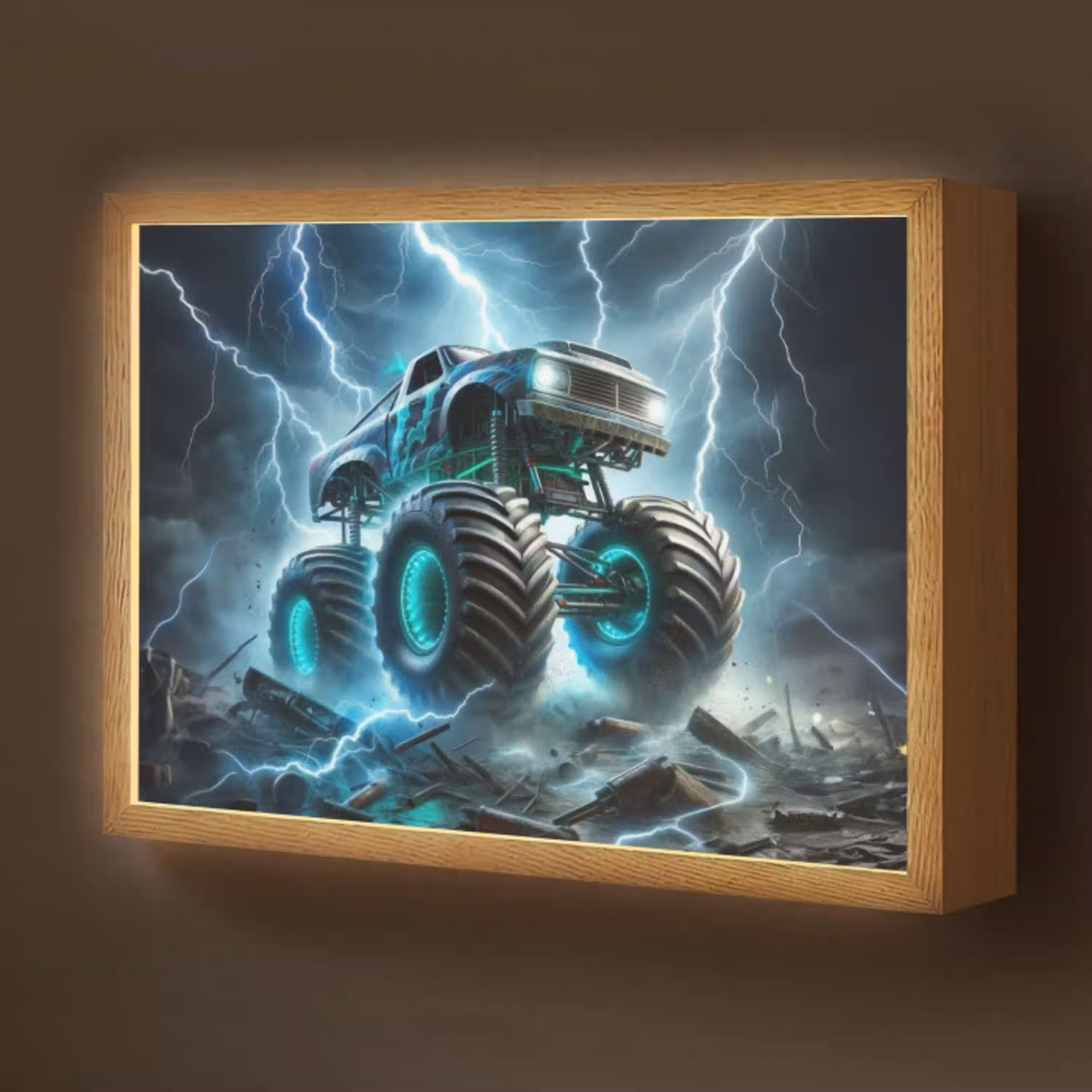 Monstertruck - Bliksem - Blauw - Jongens - Auto Light Box met batterij (Wandlamp kind) middel -z3d_website