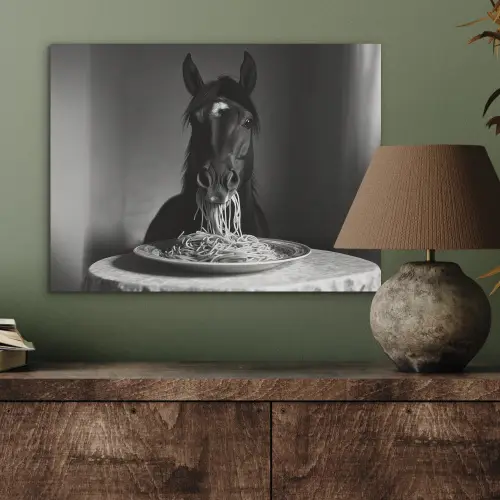 Paard - Bord - Pasta - Tafelkleed - Zwart Wit - Dieren PET vilt klein -sfeer2
