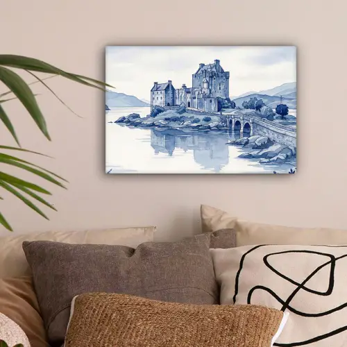 Schots - Kasteel - Blauw - Aquarel canvas 2cm klein -sfeer1