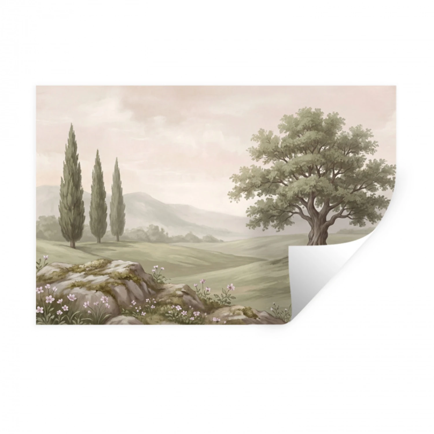 Heuvellandschap - Bomen - Natuur - Groen Muursticker klein -3d