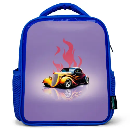 Gele auto met roze vlammen Kinderrugzak - Blauw middel -3d