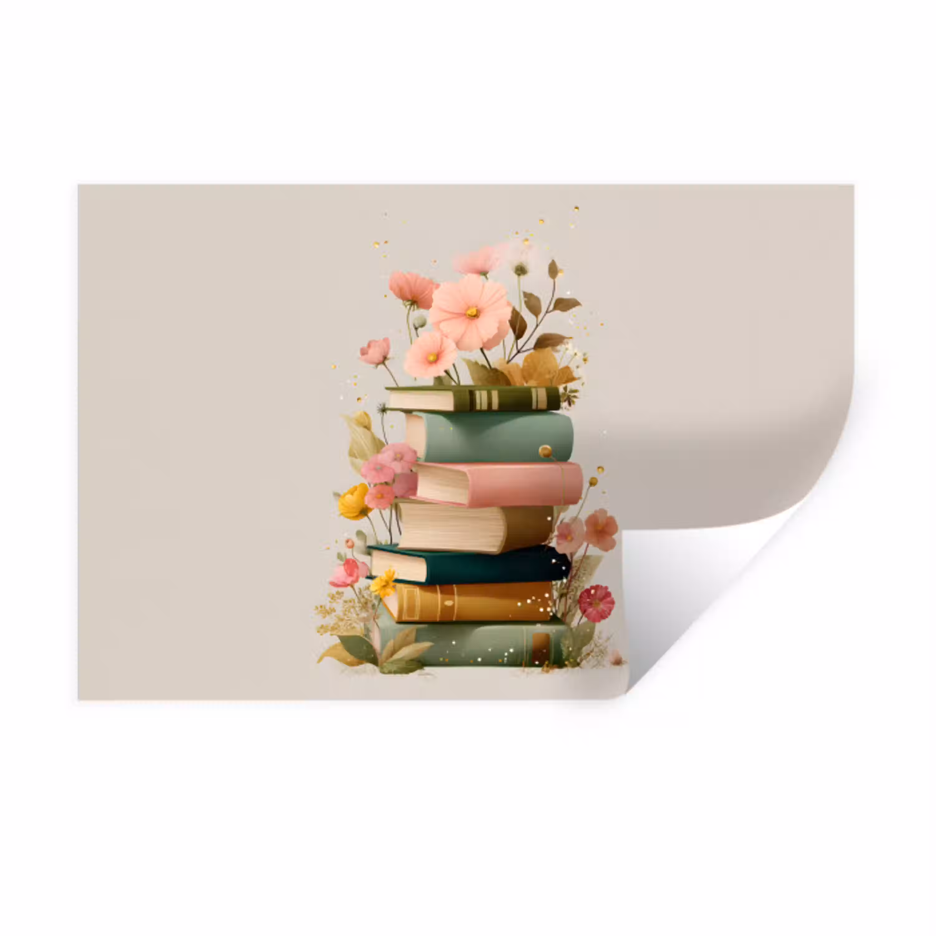 Boeken - Stapel - Bloemen - Kleurrijk Muursticker klein -3d