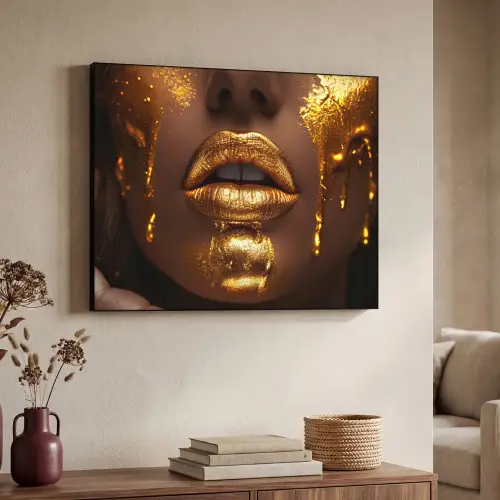 Vrouw - Goud - Gezicht - Verf - Lippen Textielframe - compleet frame klein -sfeer3