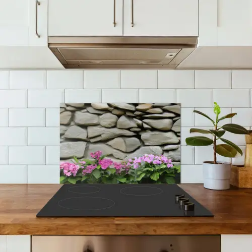 Hortensia’s - Stenen - Muur - Bloemen keuken achterwand spatscherm klein -sfeer2