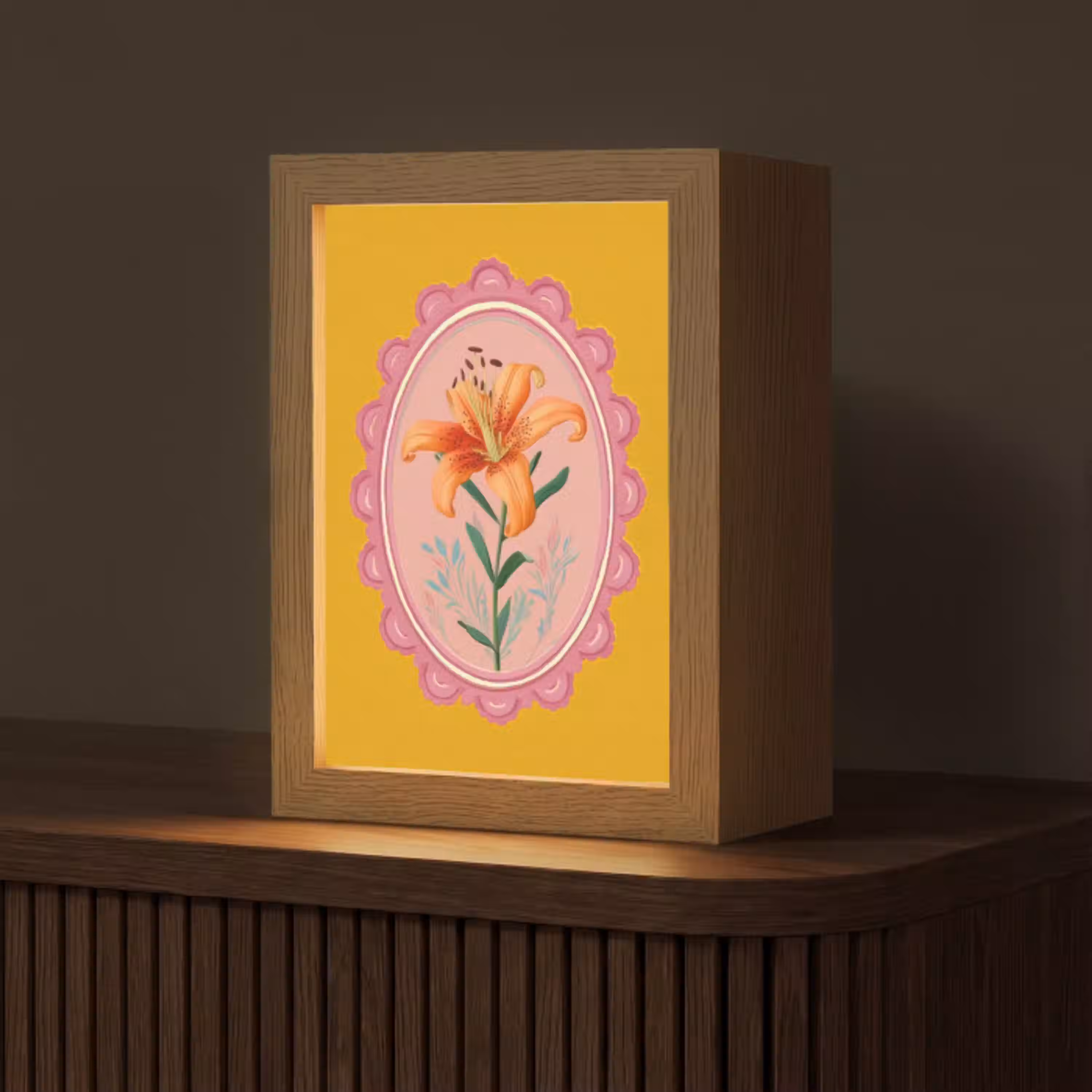 Lelie - Oranje - Lijst - Ovaal Light Box met kabel (Tafellamp) klein -z3d_website
